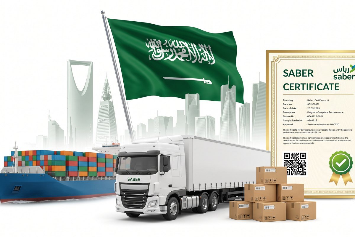 SASO SABER Certification for Saudi Arabia exports — Saudi flag, Riyadh skyline, cargo ship, delivery truck and SABER certificate